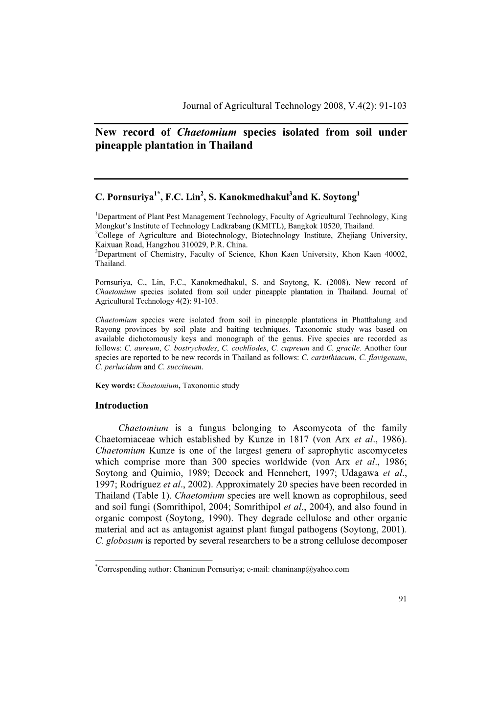 New Record of Chaetomium Species Isolated from Soil Under Pineapple Plantation in Thailand