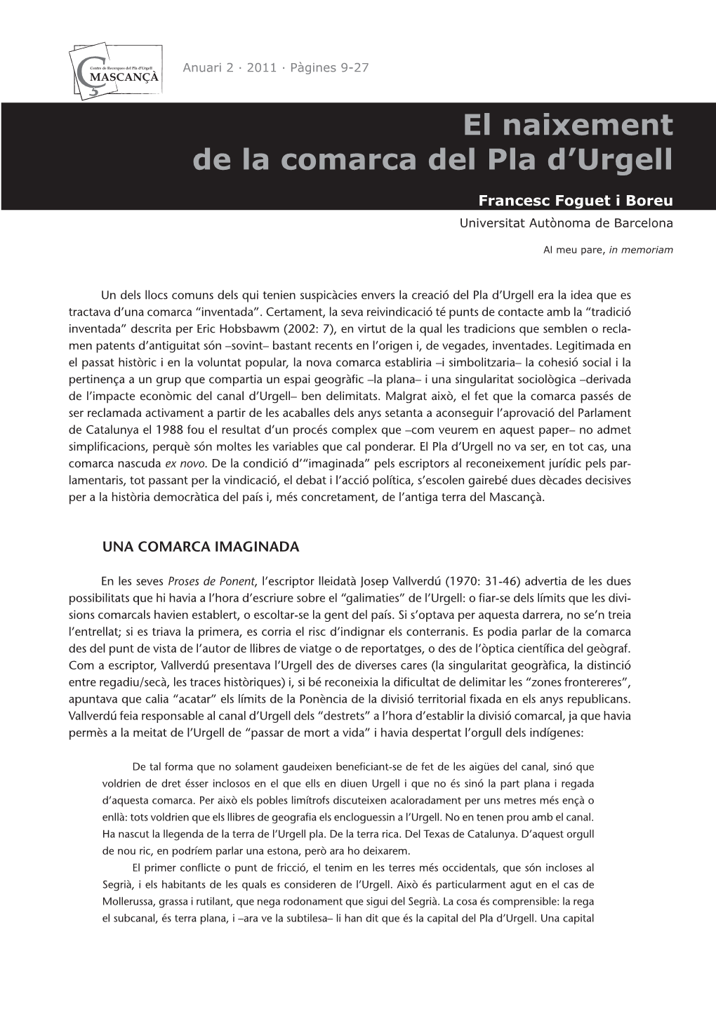 El Naixement De La Comarca Del Pla D'urgell