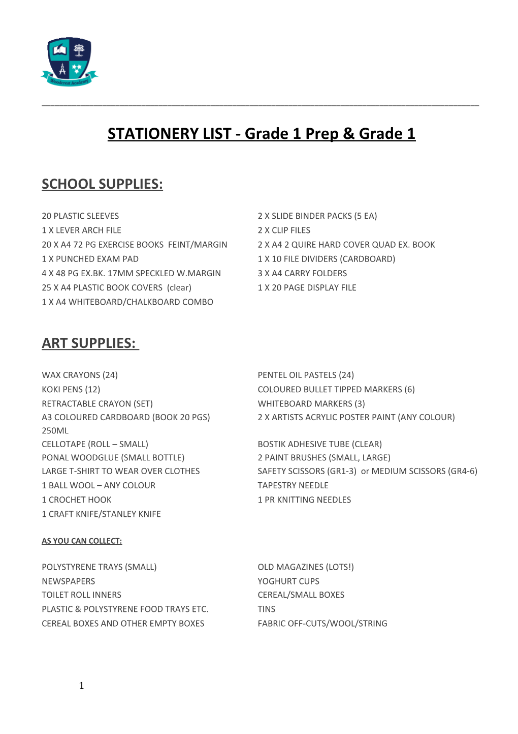 STATIONERY LIST - Grade 1 Prep & Grade 1