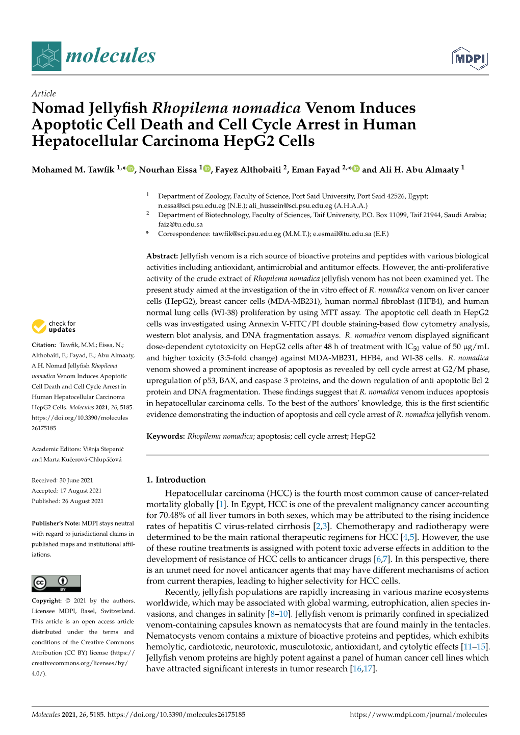 Nomad Jellyfish Rhopilema Nomadica Venom Induces Apoptotic Cell