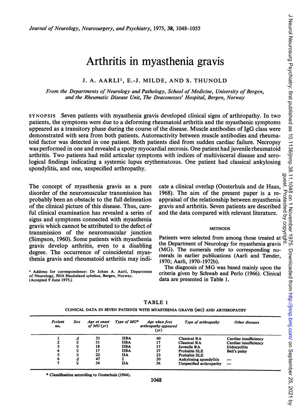 Arthritis in Myasthenia Gravis