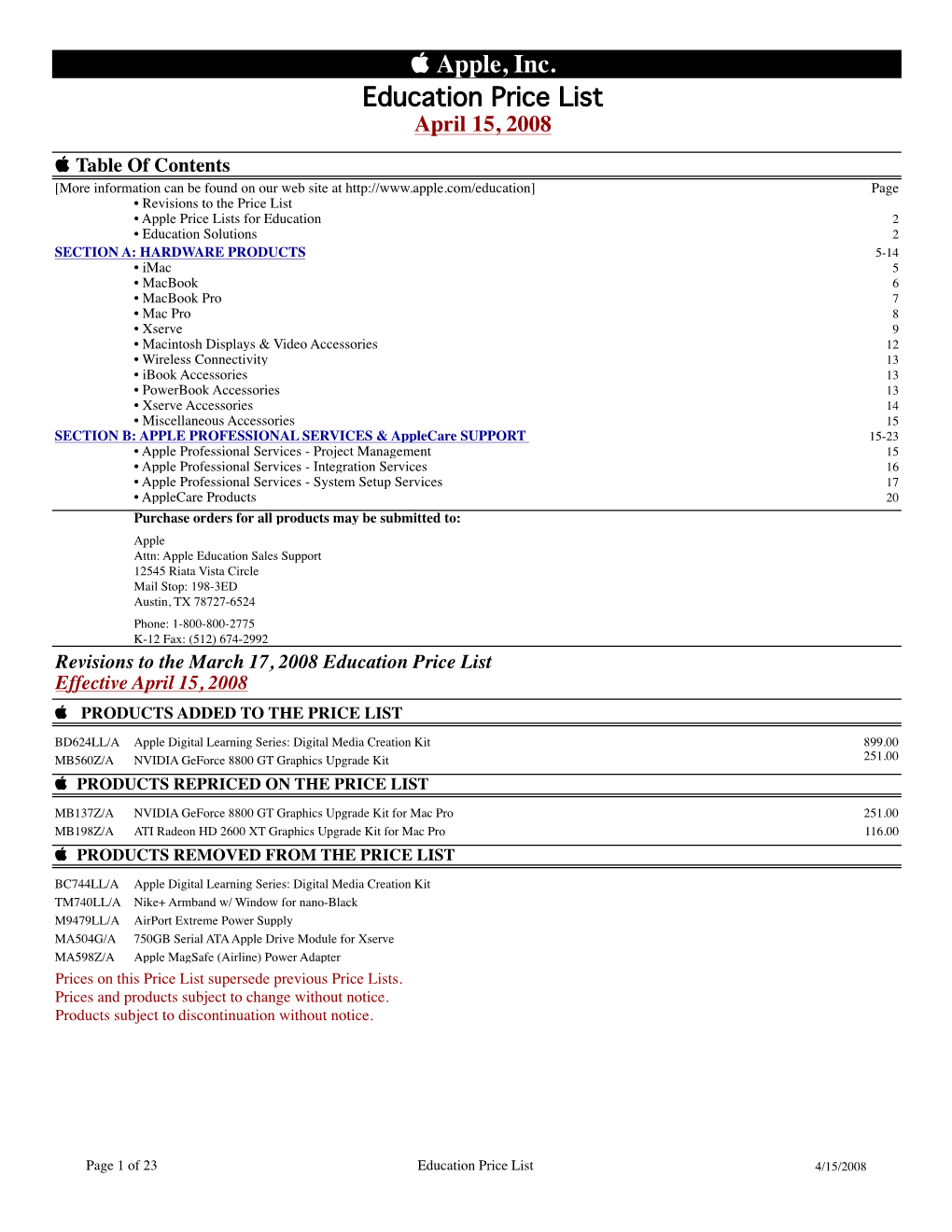 Apple, Inc. Education Price List