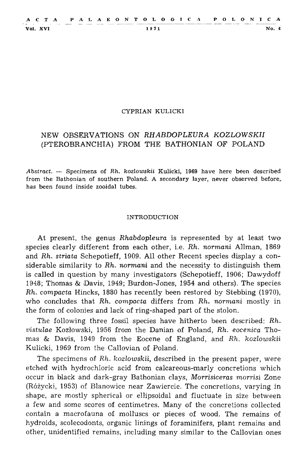 New Observations on Rhabdopleura Kozlowskii (Pterobranchia) from the Bathonian of Poland