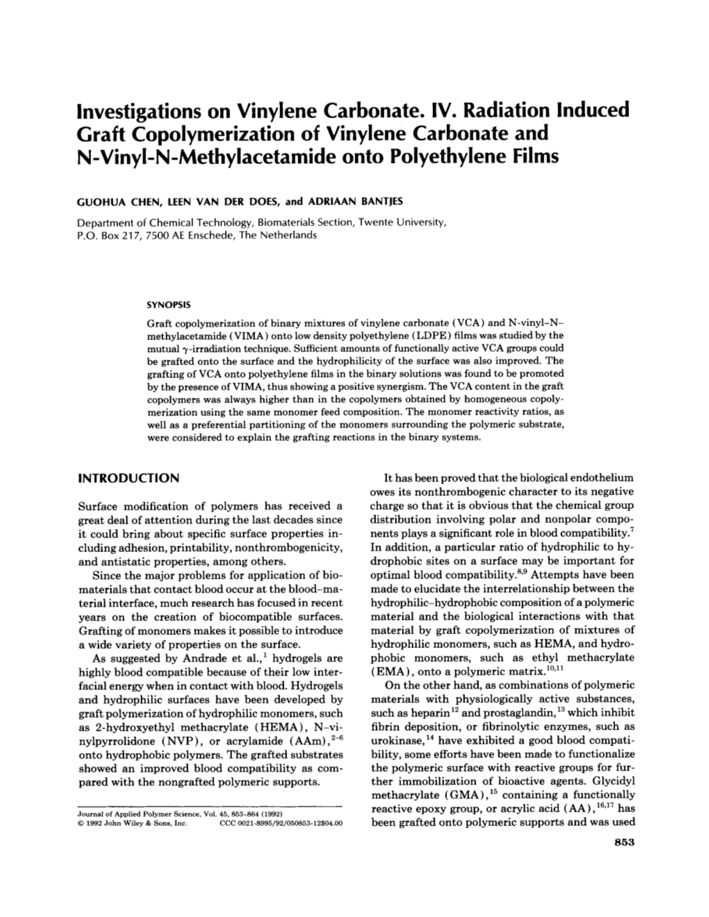 Investigations on Vinylene Carbonate. IV. Radiation Induced Graft Copolymerization of Vinylene Carbonate and N-Vinyl-N-Methylacetamide Onto Polyethylene Films