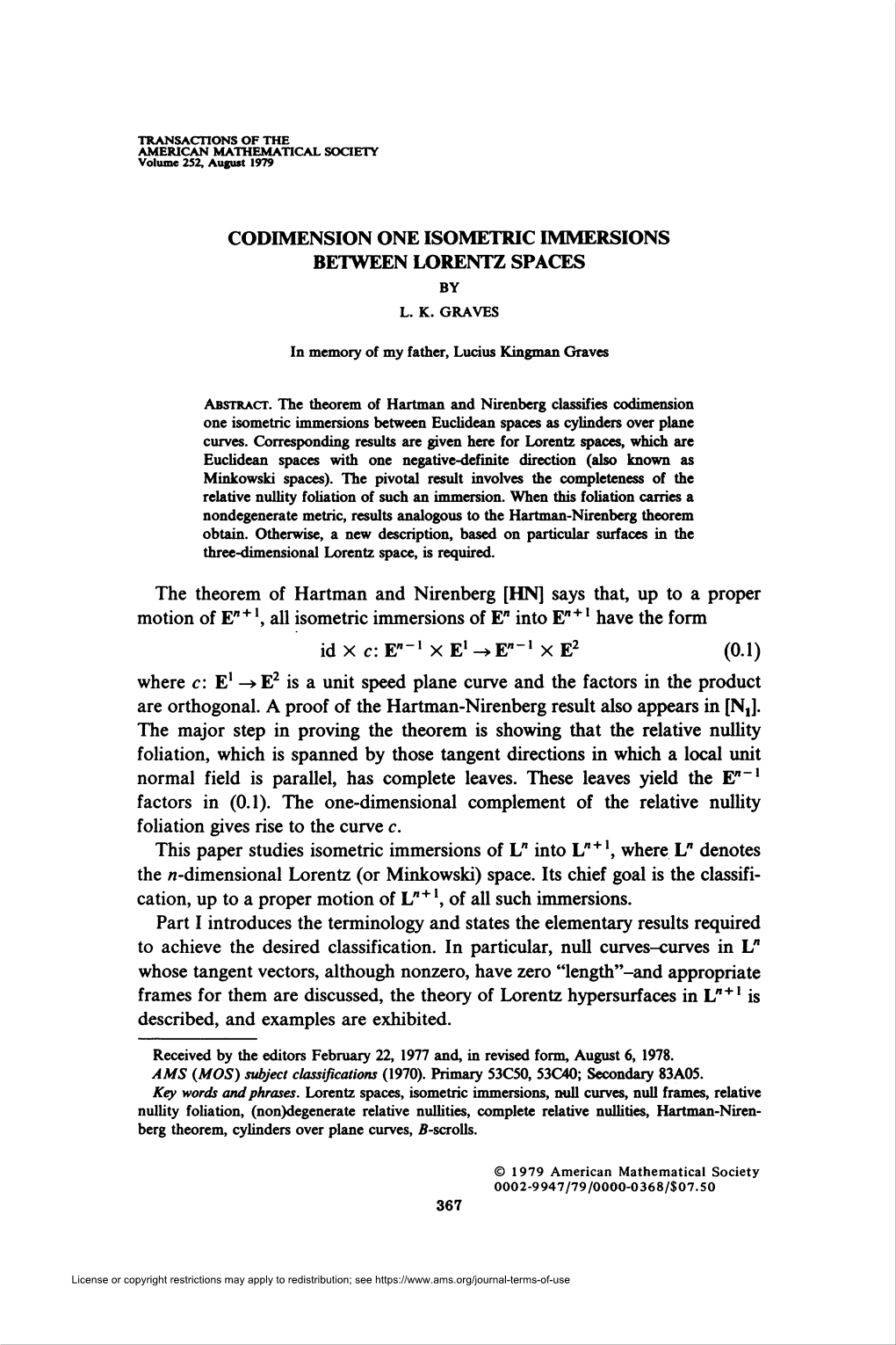 Codimension One Isometric Immersions Betweenlorentz Spaces by L