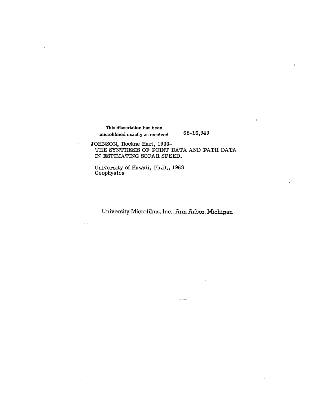 University Microfilms, Inc., Ann Arbor, Michigan the SYNTHESIS of POINT DATA