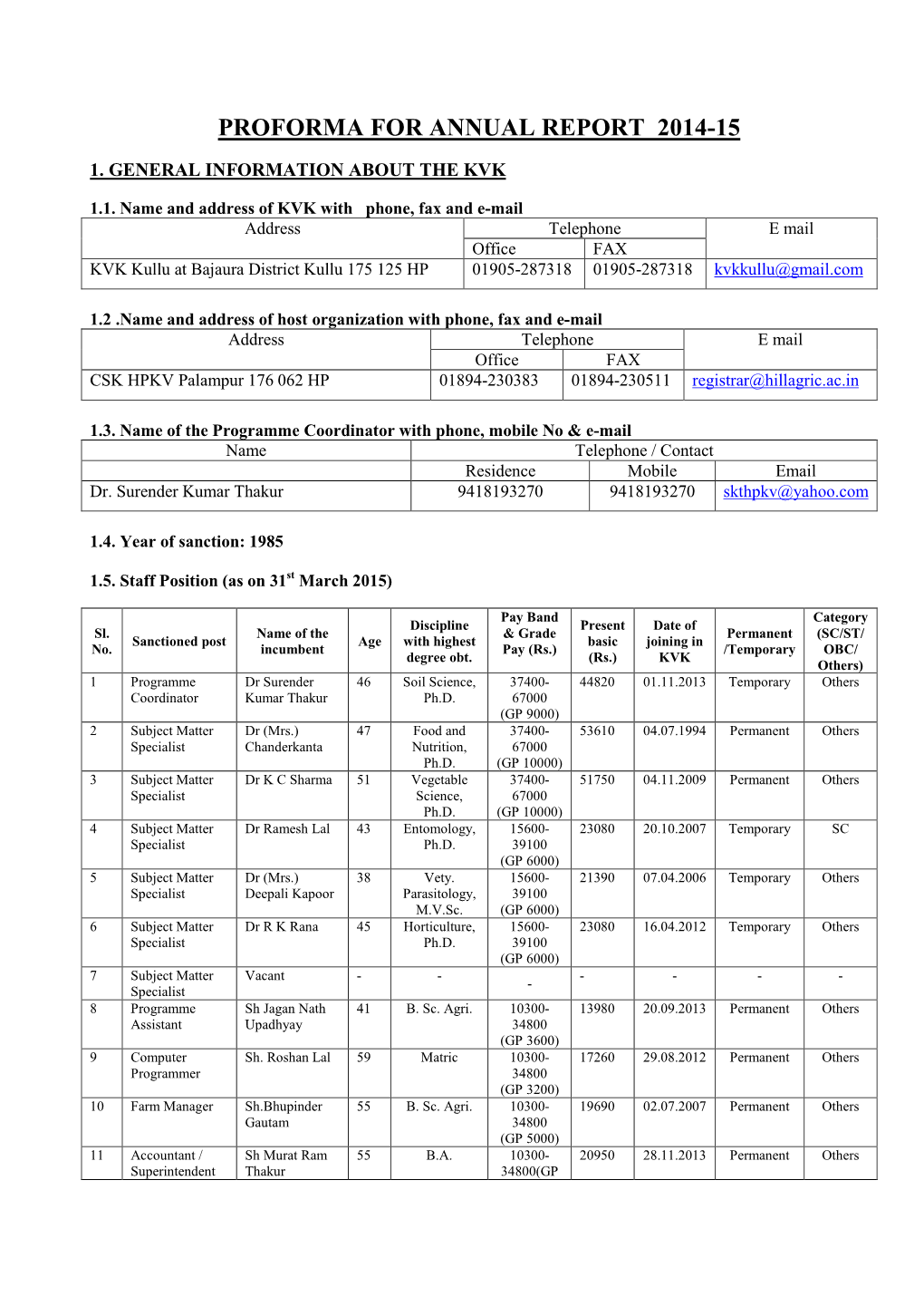 Proforma for Annual Report 2014-15