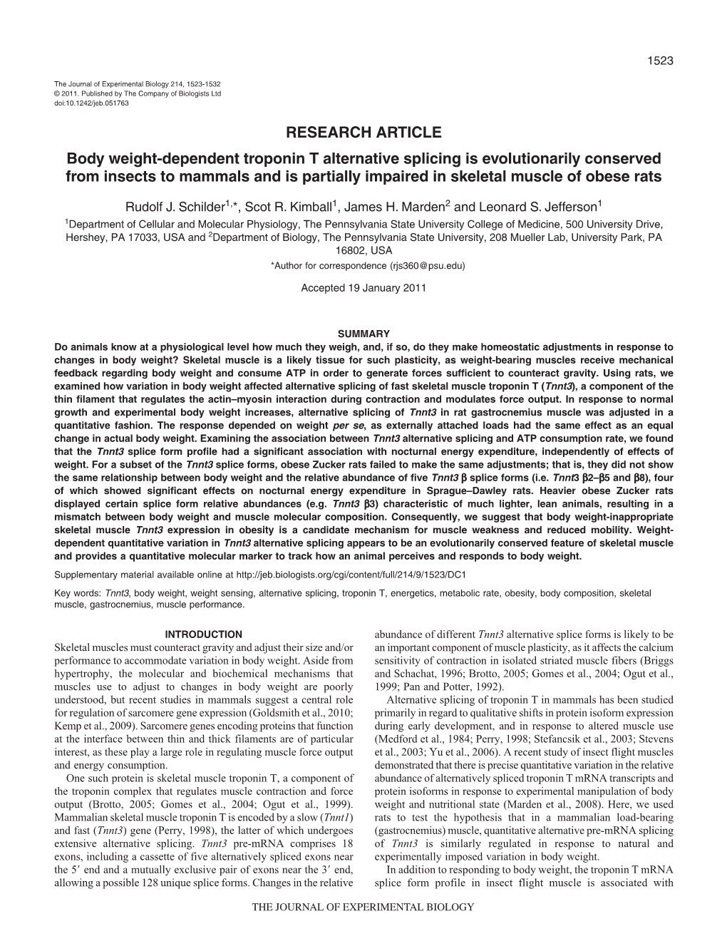 RESEARCH ARTICLE Body Weight-Dependent Troponin T Alternative Splicing Is Evolutionarily Conserved from Insects to Mammals and I