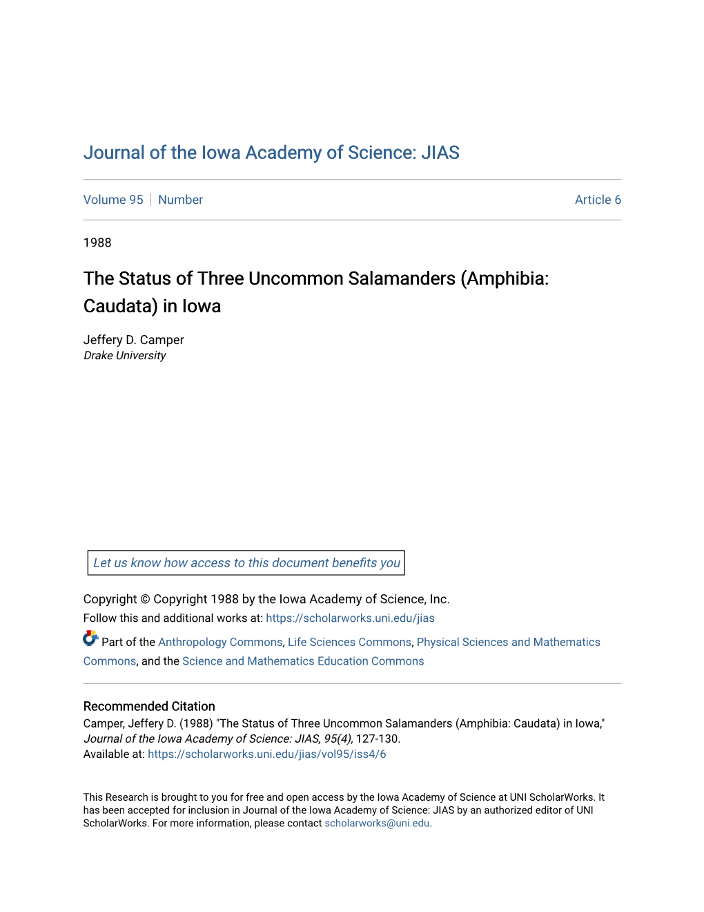 The Status of Three Uncommon Salamanders (Amphibia: Caudata) in Iowa