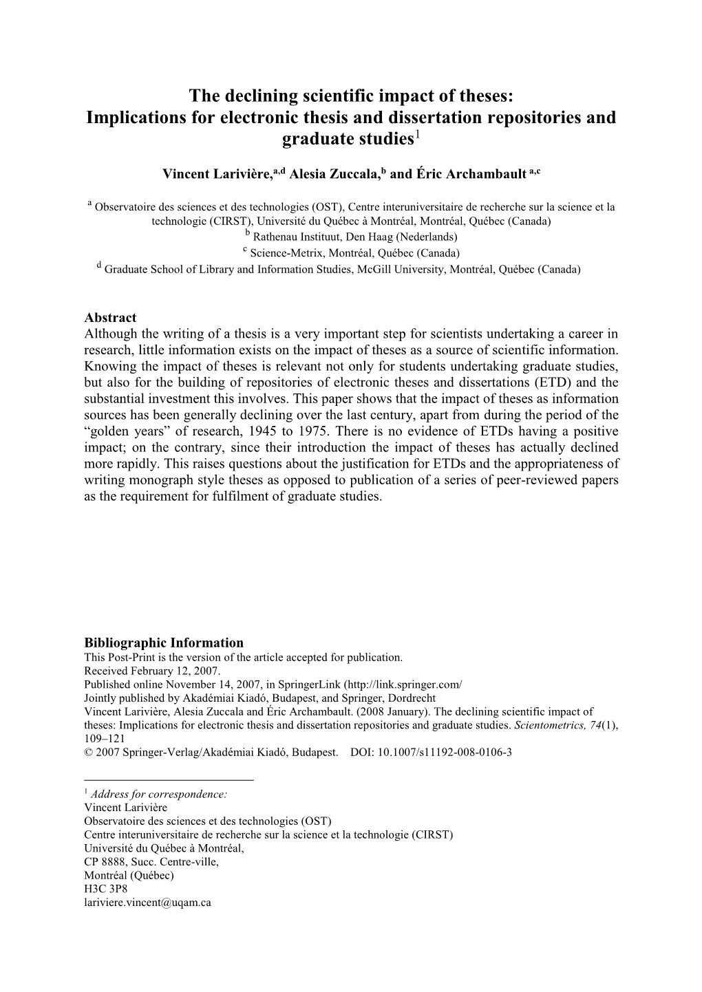 The Declining Scientific Impact of Theses: Implications for Electronic Thesis and Dissertation Repositories and Graduate Studies1