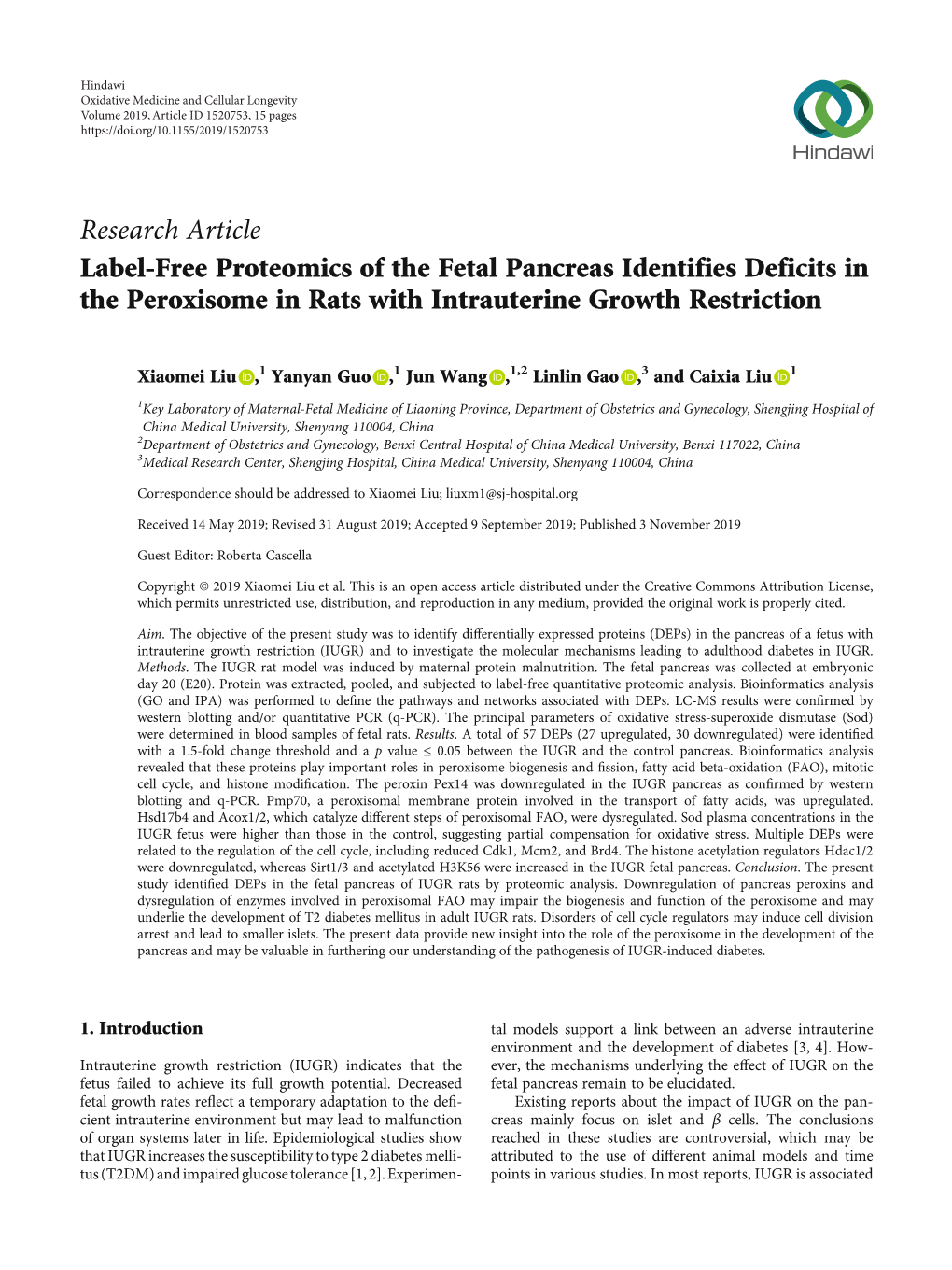 Research Article Label-Free Proteomics of the Fetal Pancreas Identifies Deficits in the Peroxisome in Rats with Intrauterine Growth Restriction