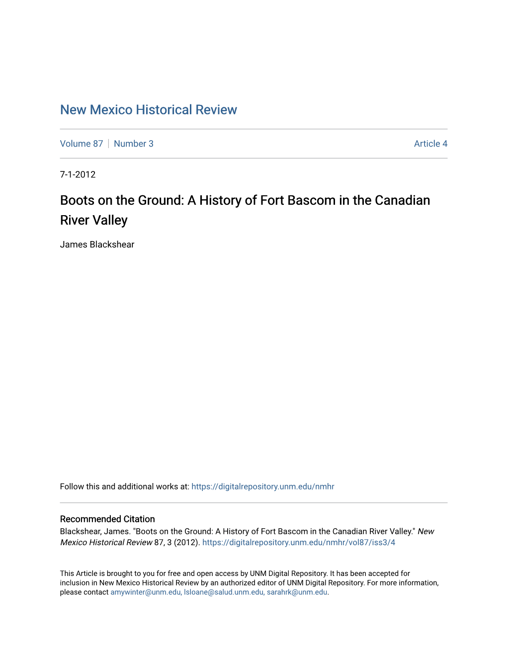 A History of Fort Bascom in the Canadian River Valley