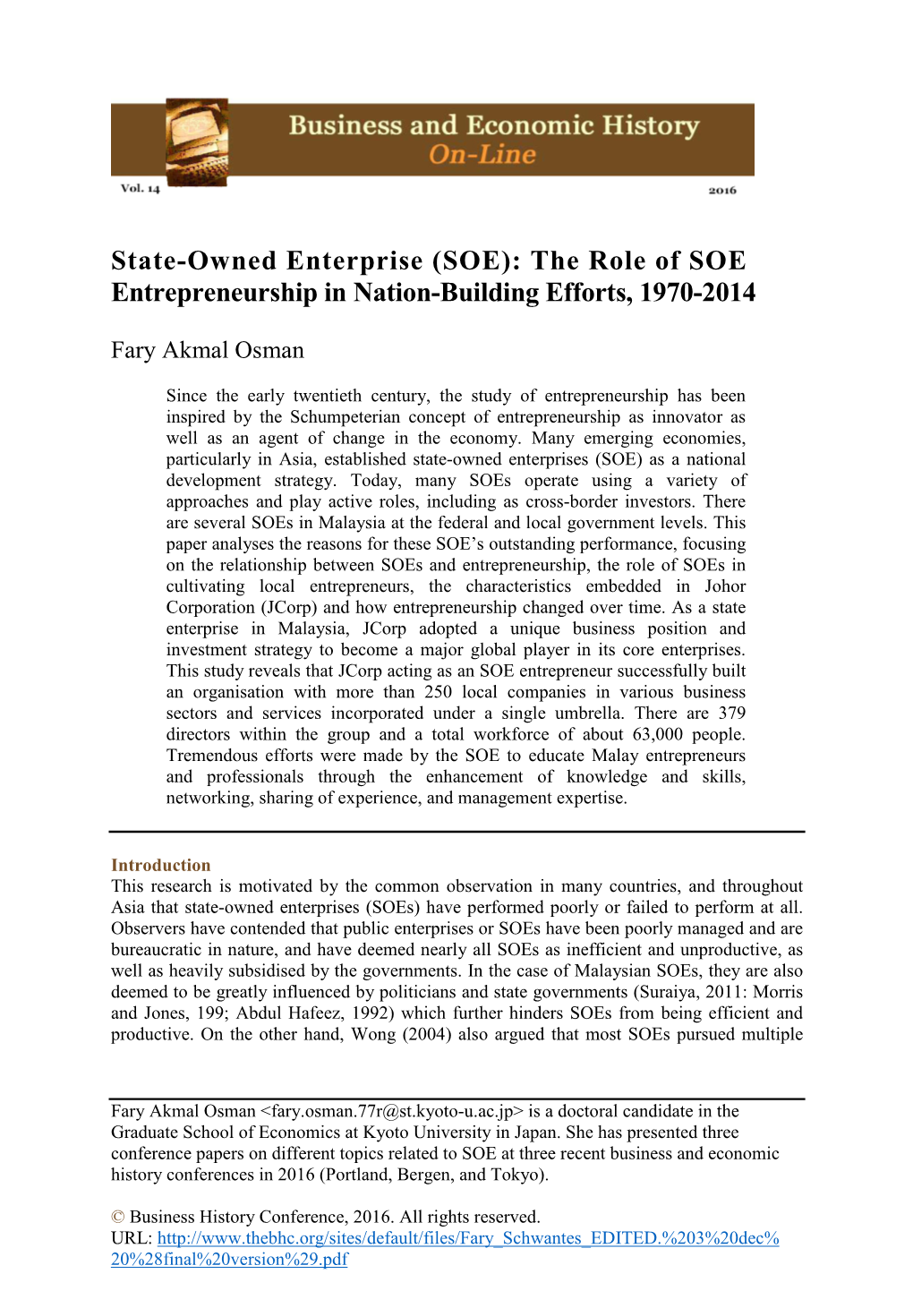 State-Owned Enterprise (SOE): the Role of SOE Entrepreneurship in Nation-Building Efforts, 1970-2014