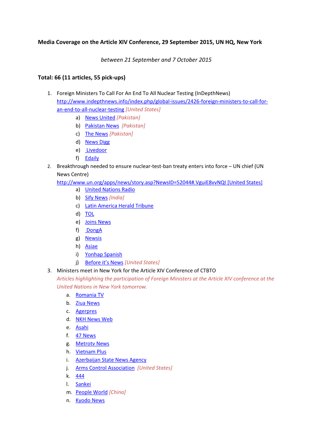 Media Coverage on the Article XIV Conference, 29 September 2015, UN HQ, New York Between 21 September and 7 October 2015 Total