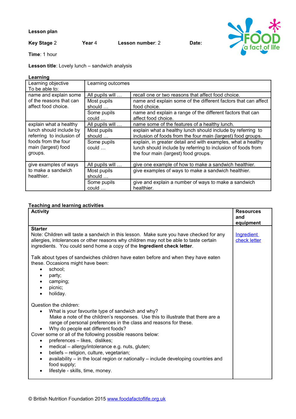 Key Stage 2 Year 4 Lesson Number: 2 Date