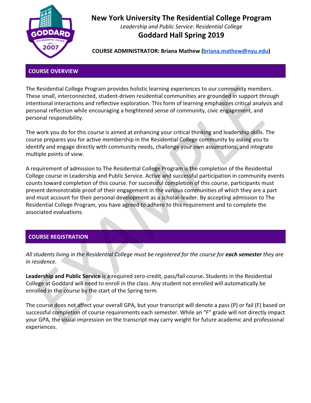 New York University the Residential College Program Goddard