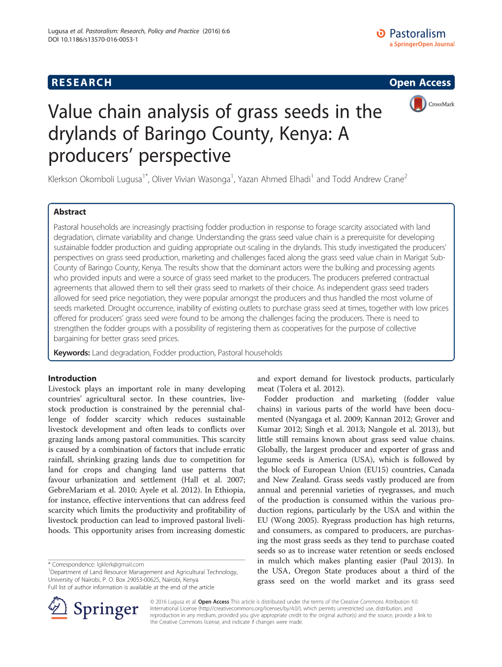 Value Chain Analysis of Grass Seeds in the Drylands of Baringo County