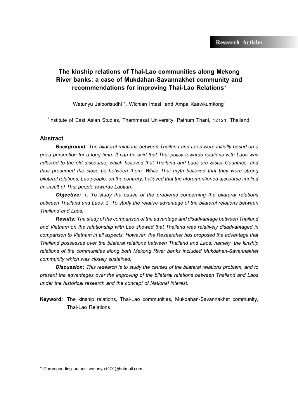 The Kinship Relations of Thai-Lao Communities Along Mekong River Banks: a Case of Mukdahan-Savannakhet Community and Recommendations for Improving Thai-Lao Relations*