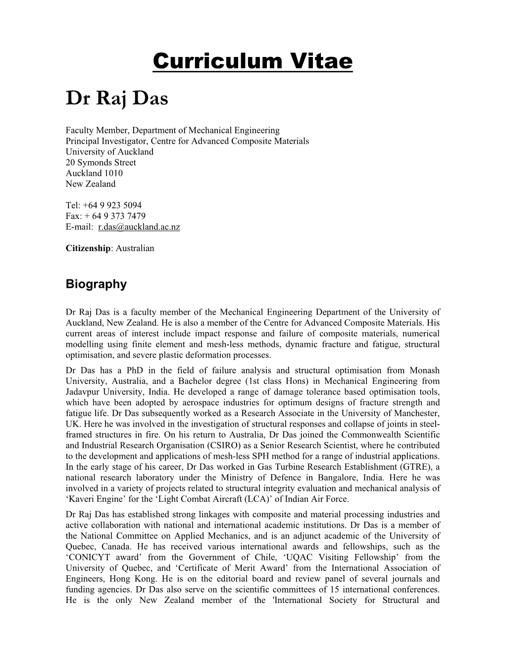Curriculum Vitae Dr Raj