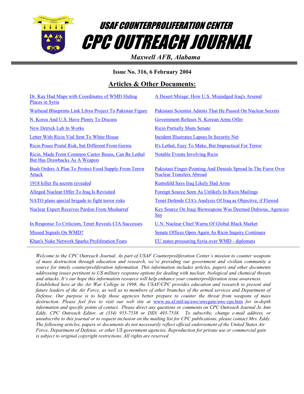 USAF Counterproliferation Center CPC Outreach Journal #316