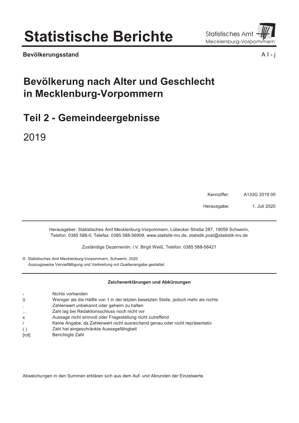 A133G Bevölkerung Nach Alter Und Geschlecht 2019, Teil 2