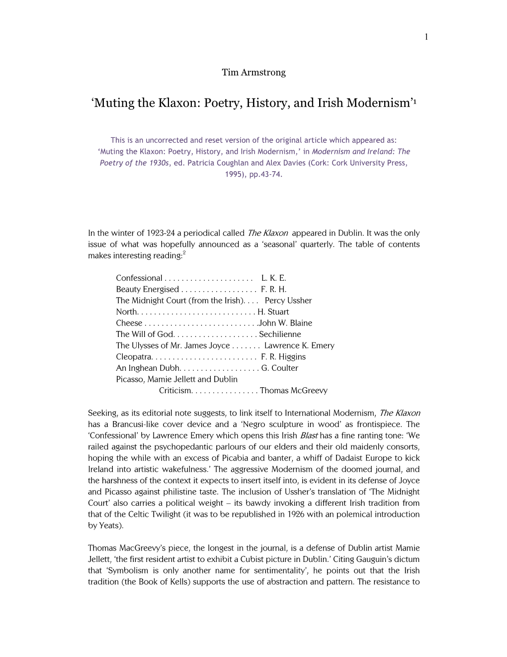 'Muting the Klaxon: Poetry, History, and Irish Modernism'1