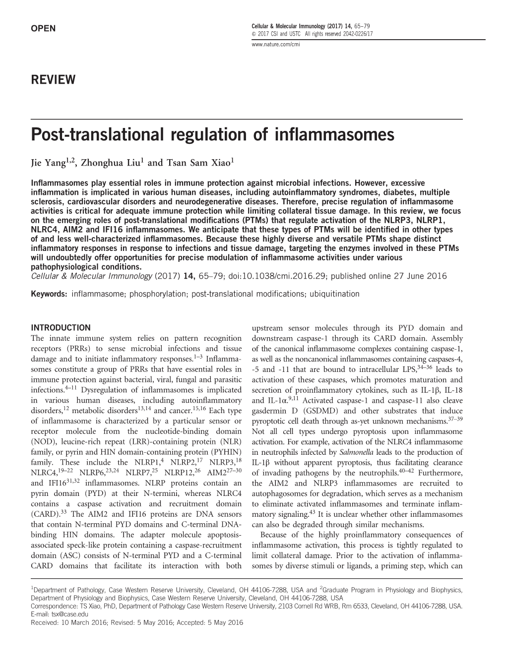 Post-Translational Regulation of Inflammasomes