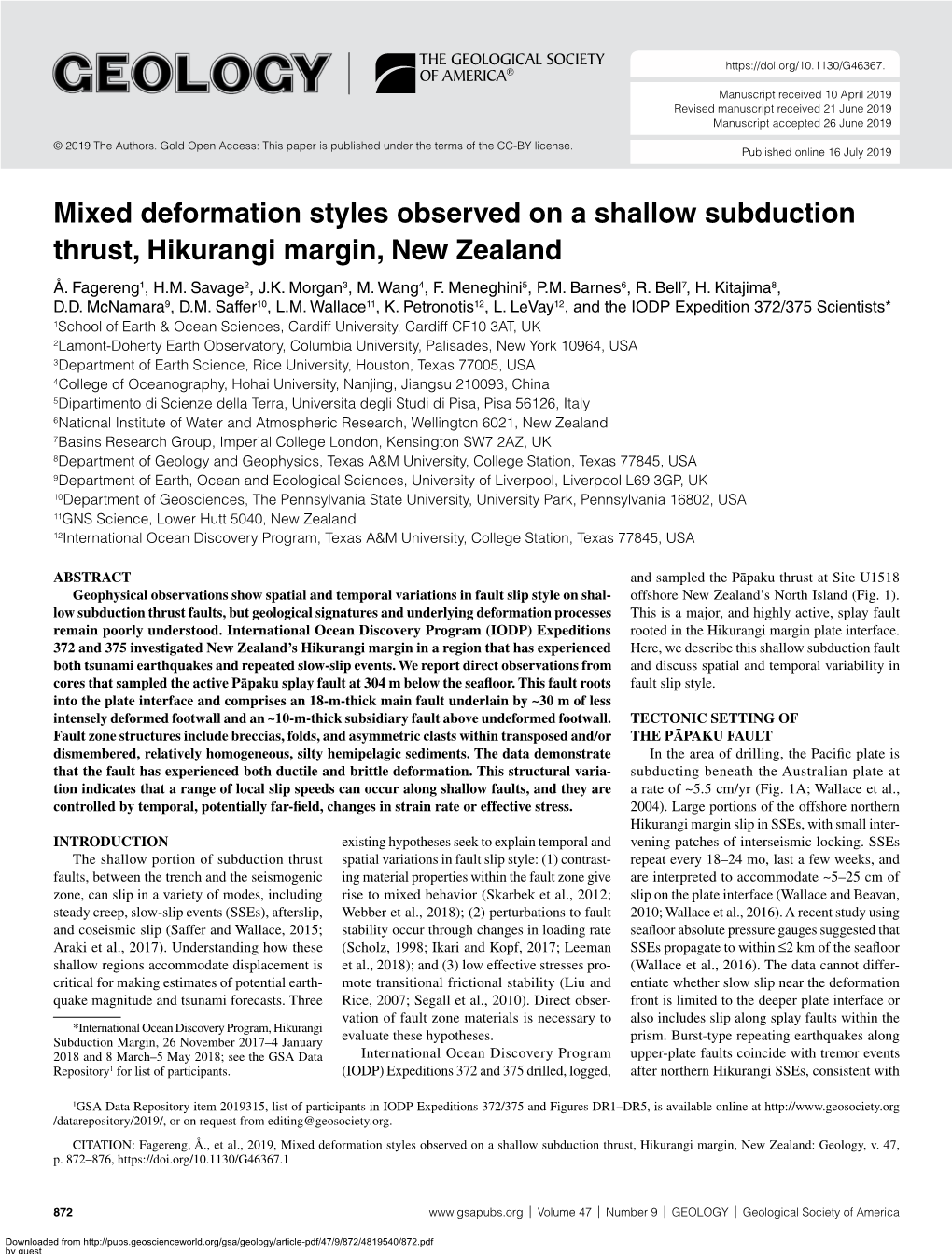 Mixed Deformation Styles Observed on a Shallow Subduction Thrust, Hikurangi Margin, New Zealand Å