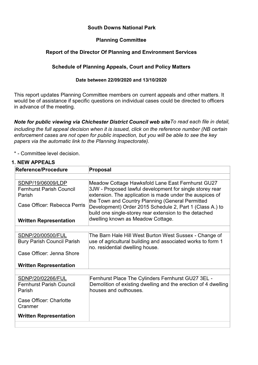 South Downs National Park, Schedule of Planning Appeals, Court And