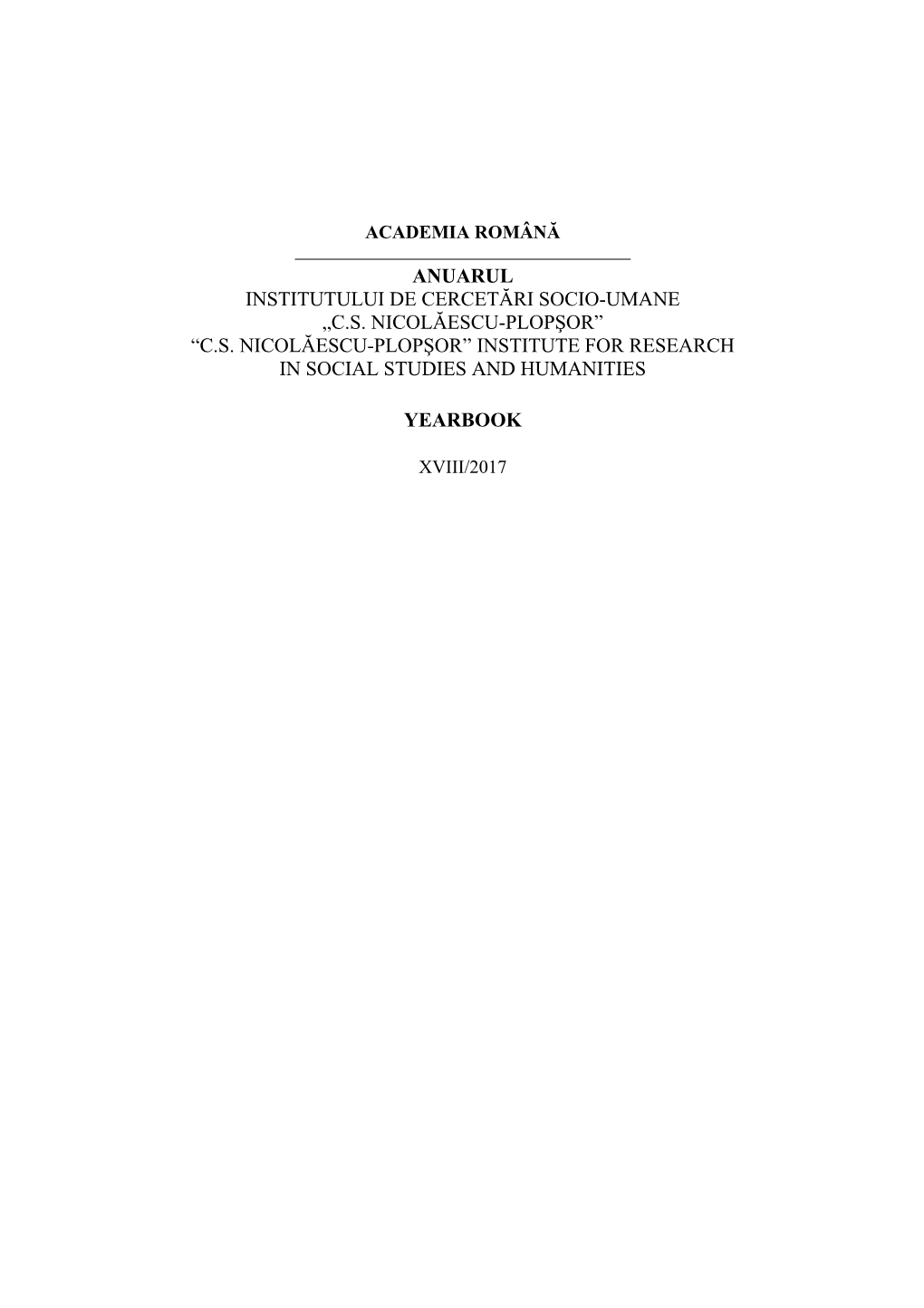 Anuarul Institutului De Cercetări Socio-Umane „C.S. Nicolăescu-Plopşor” “C.S