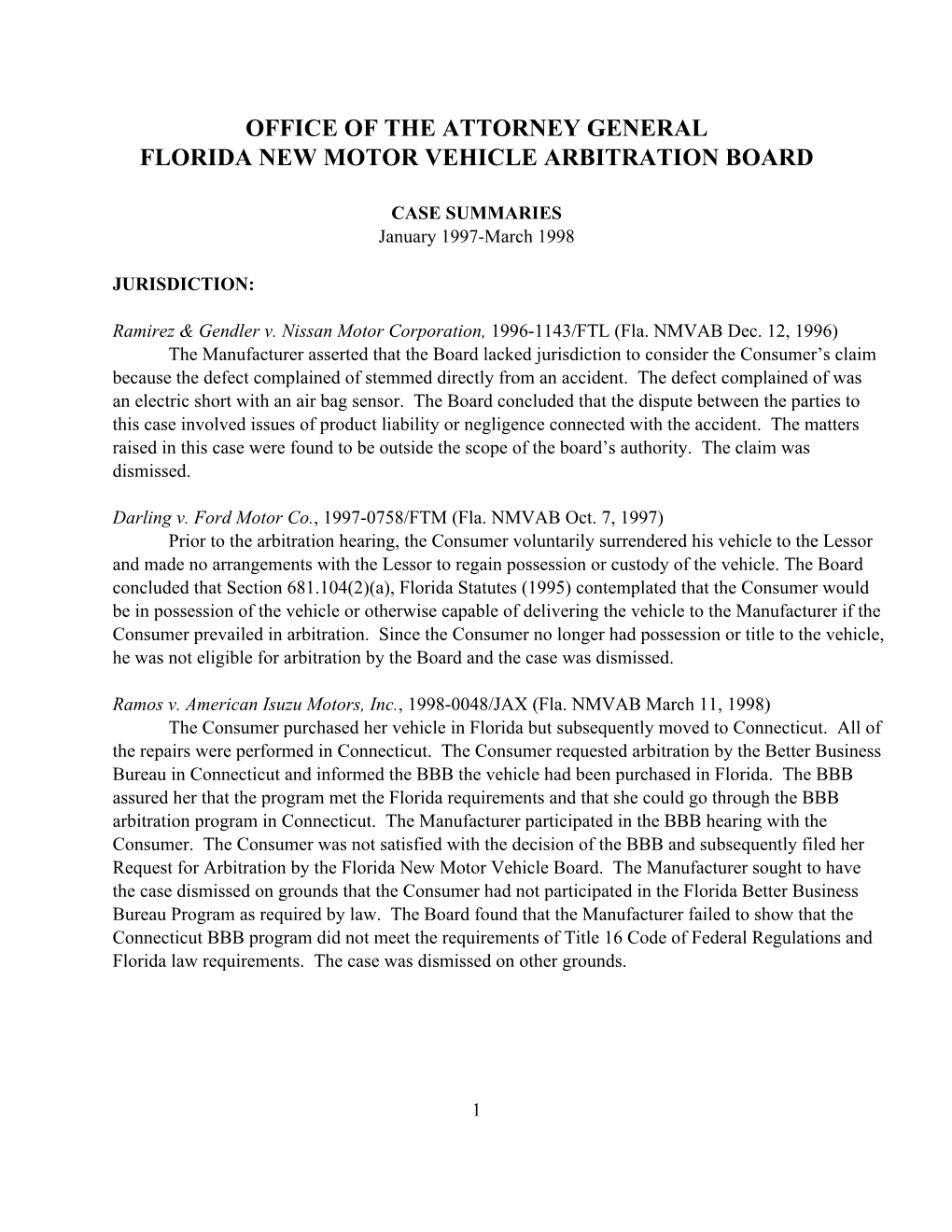 Office of the Attorney General Florida New Motor Vehicle Arbitration Board