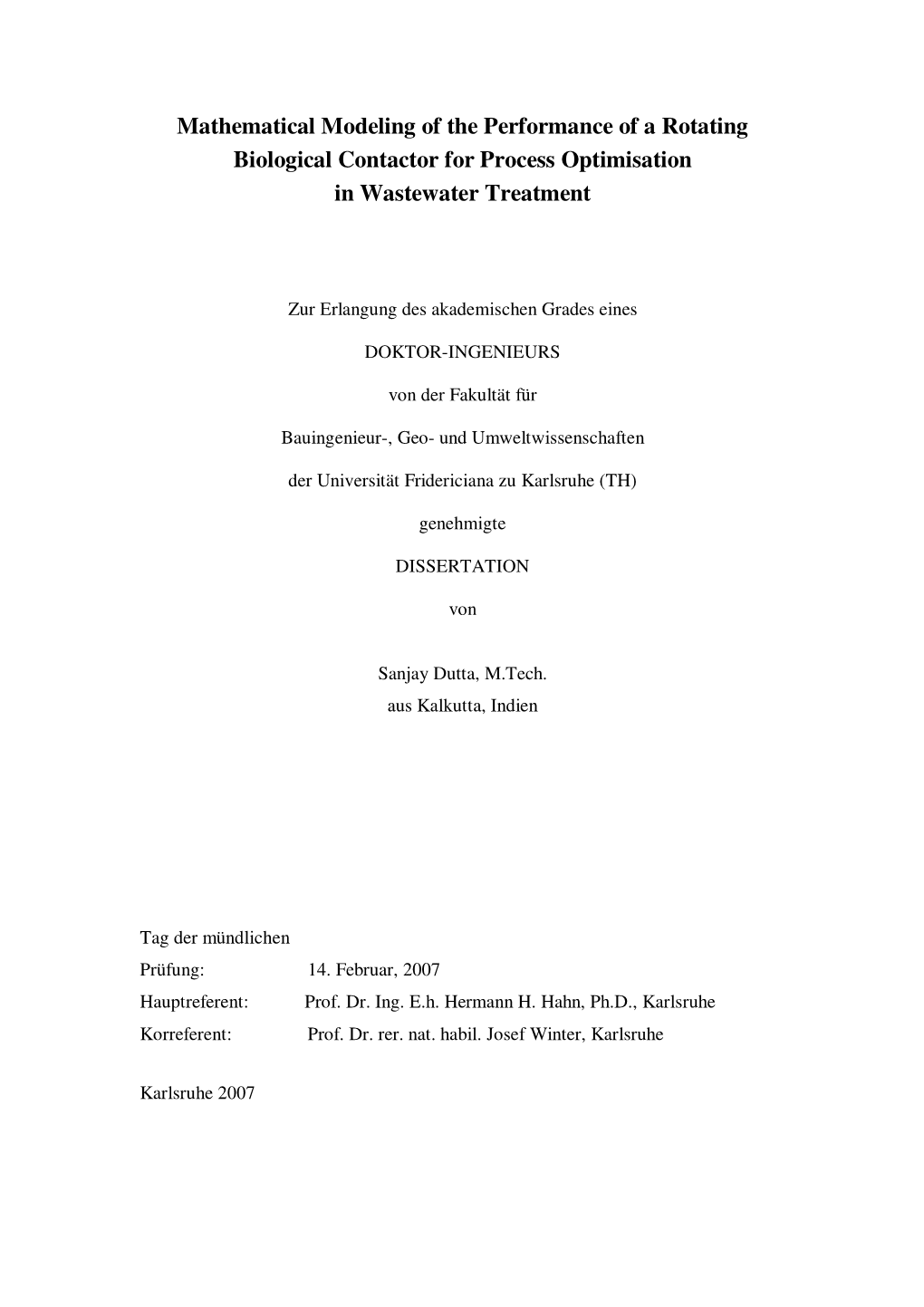 Mathematical Modeling of the Performance of a Rotating Biological Contactor for Process Optimisation in Wastewater Treatment