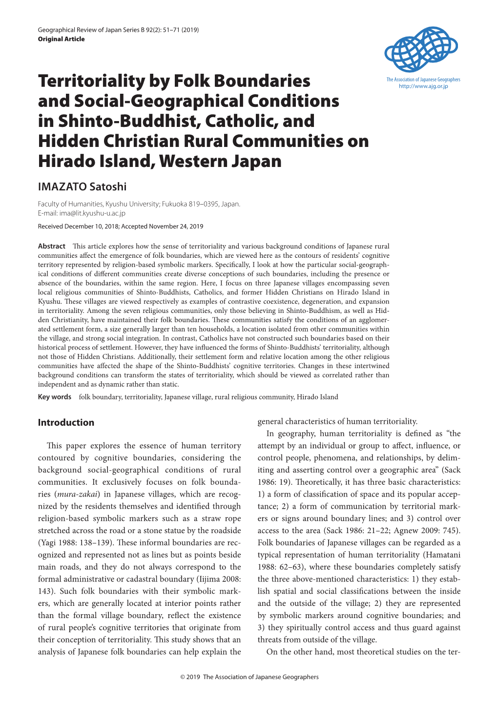 Territoriality by Folk Boundaries and Social-Geographical Conditions in Shinto-Buddhist, Catholic, and Hidden Christian Rural Communities on Hirado Island, Western Japan