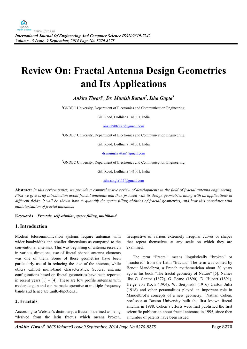 Review On: Fractal Antenna Design Geometries and Its Applications