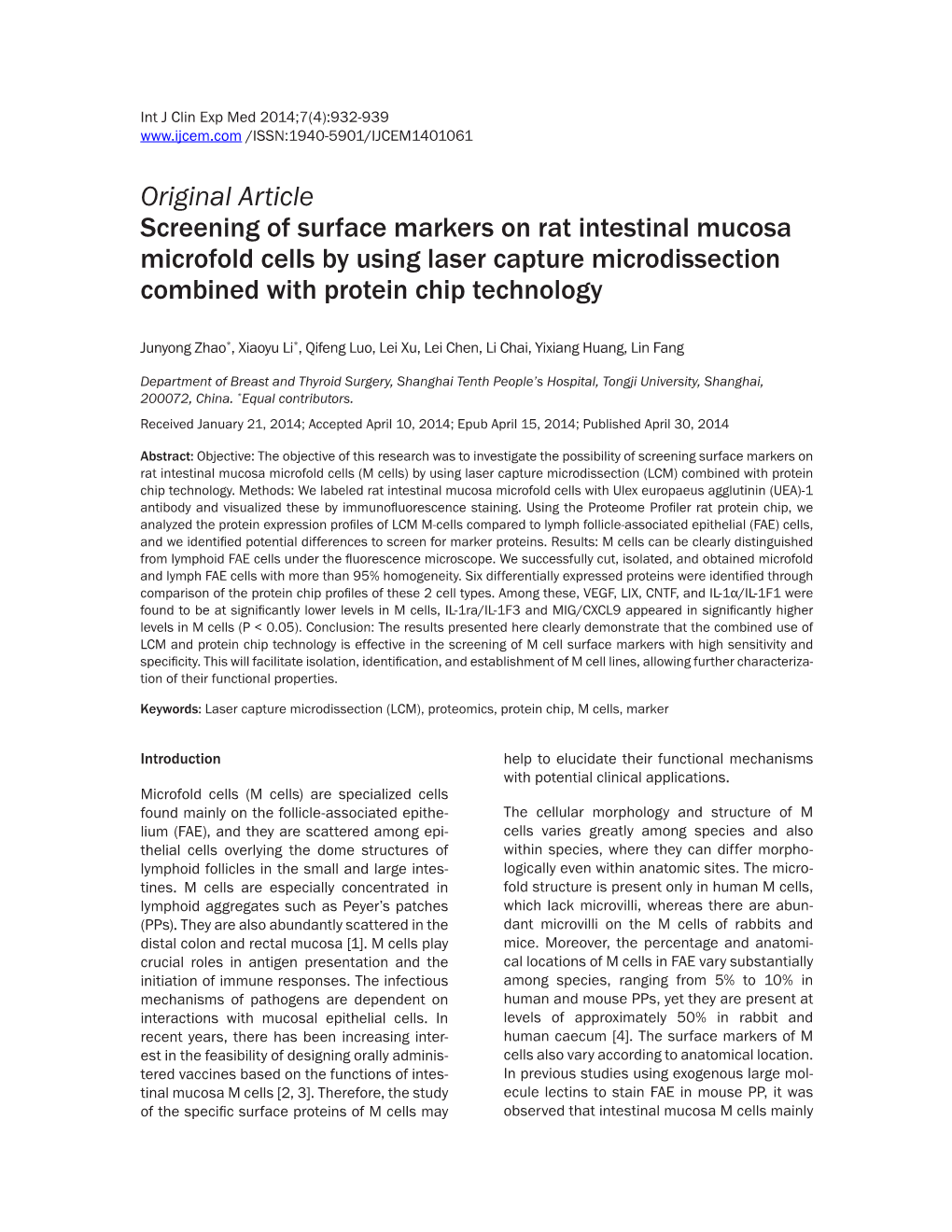 Screening of Surface Markers on Rat Intestinal Mucosa Microfold Cells by Using Laser Capture Microdissection Combined with Protein Chip Technology
