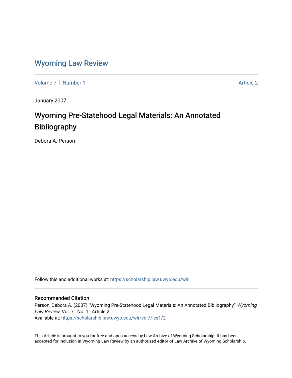 Wyoming Pre-Statehood Legal Materials: an Annotated Bibliography