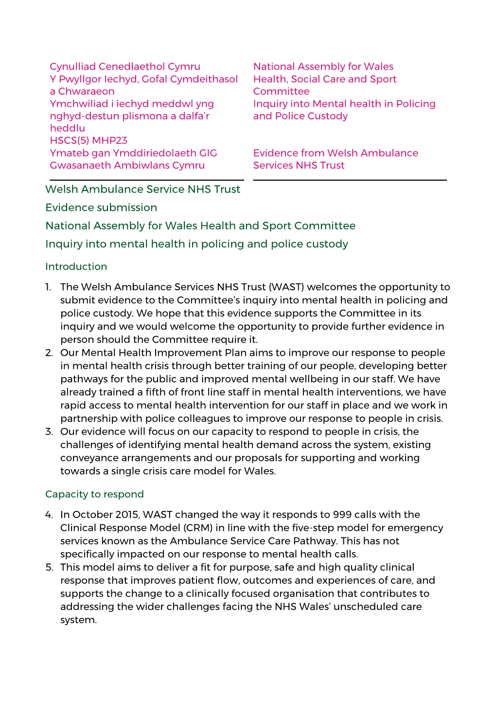 Welsh Ambulance Service NHS Trust Evidence Submission National