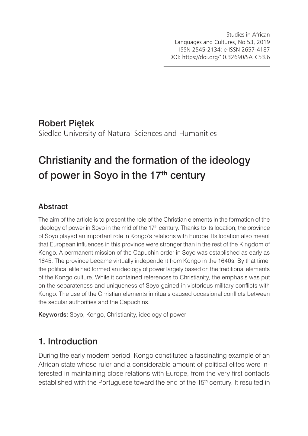 Christianity and the Formation of the Ideology of Power in Soyo in the 17Th Century