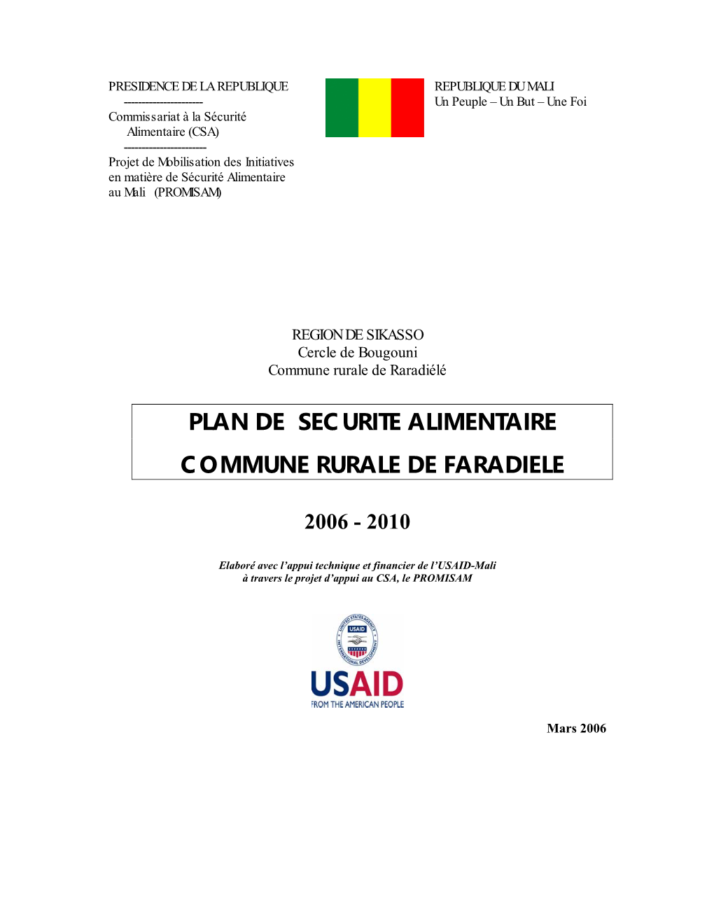 Plan De Securite Alimentaire Commune Rurale De Faradiele