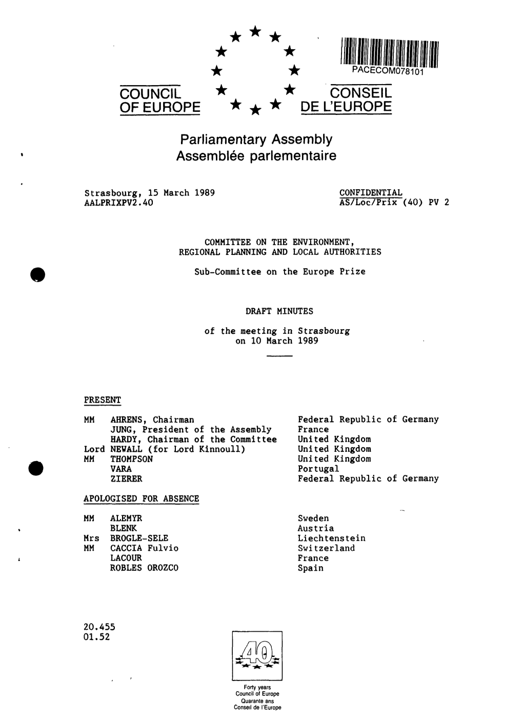 DRAFT MINUTES of the Meeting in Strasbourg on 10 March 1989