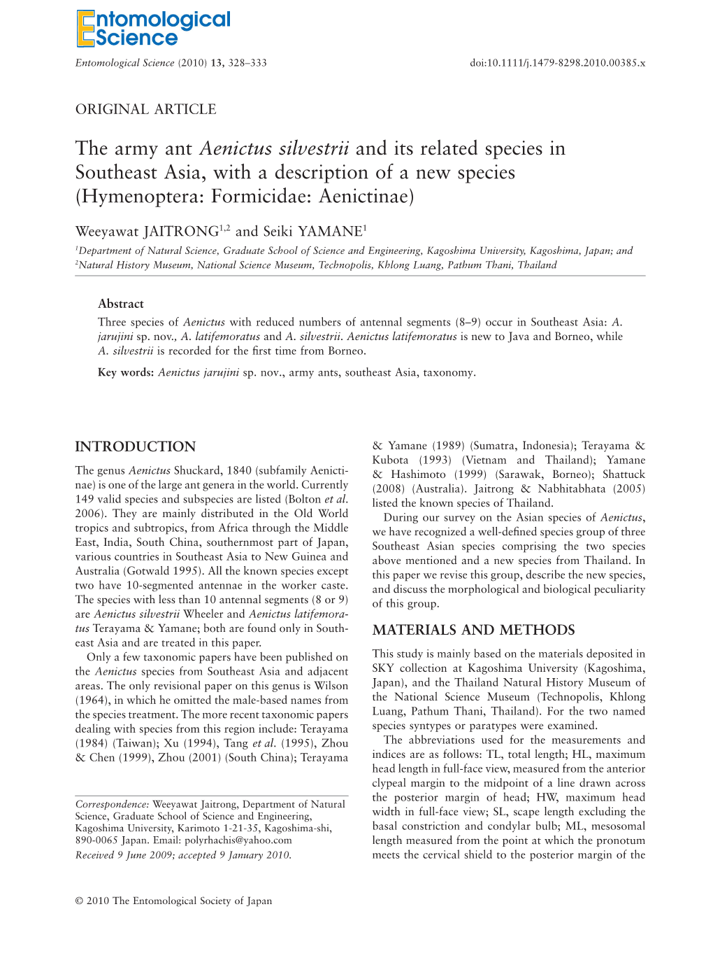 The Army Ant Aenictus Silvestrii and Its Related Species in Southeast Asia, with a Description of a New Species