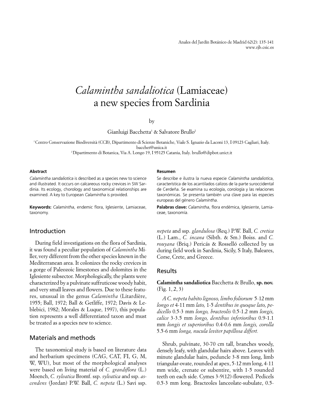 Calamintha Sandaliotica (Lamiaceae) a New Species from Sardinia