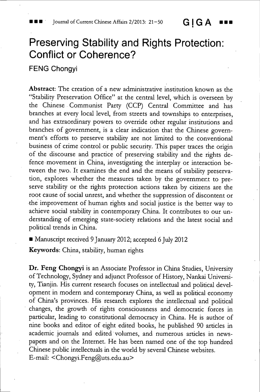 Preserving Stability and Rights Protection: Conflict Or Coherence? FENG Chongyi