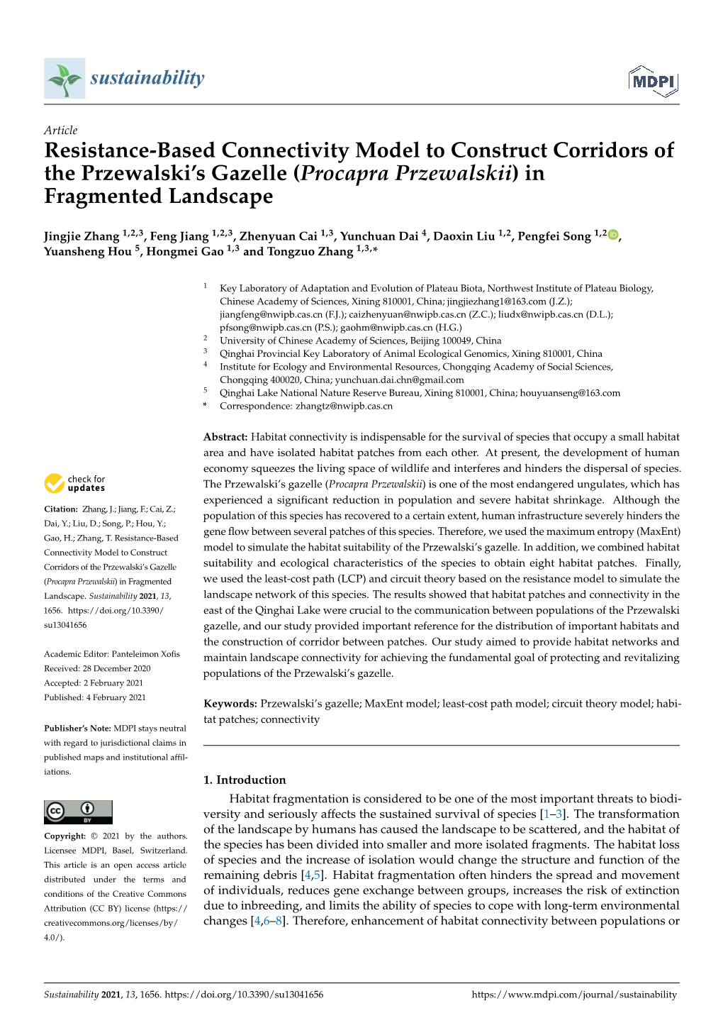 Resistance-Based Connectivity Model to Construct Corridors of the Przewalski’S Gazelle (Procapra Przewalskii) in Fragmented Landscape