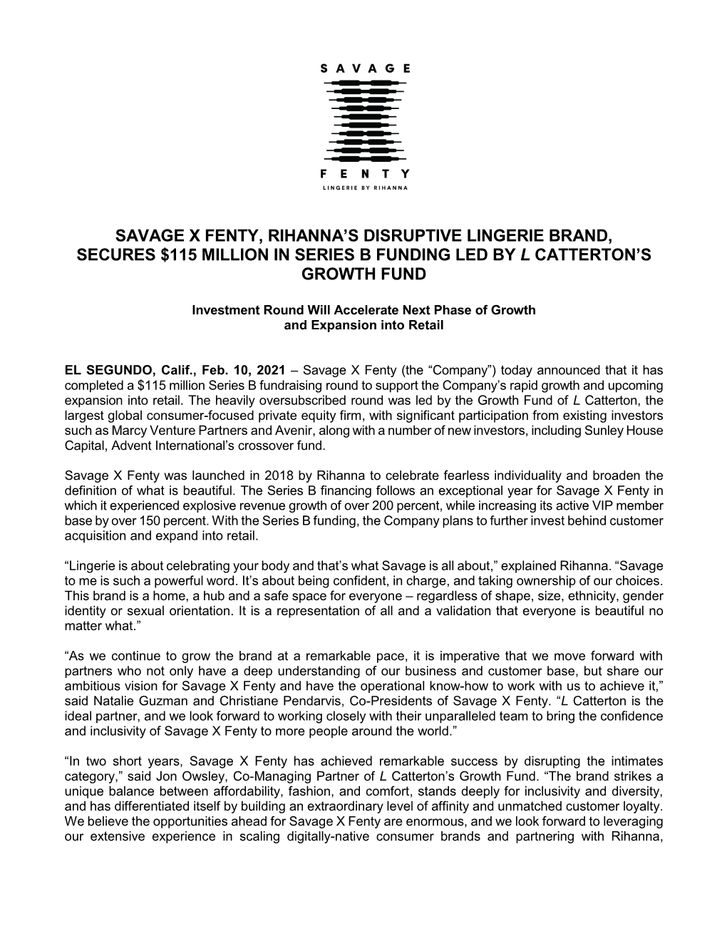 Savage X Fenty, Rihanna's Disruptive Lingerie Brand, Secures $115 Million in Series B Funding Led by L Catterton's Growth Fu