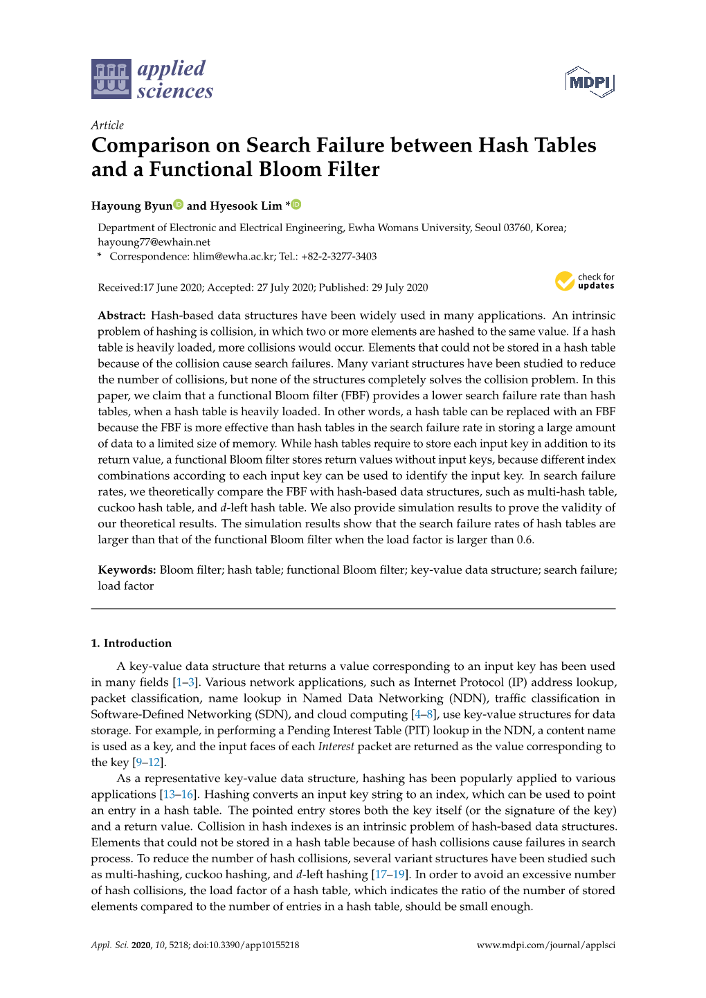 Comparison on Search Failure Between Hash Tables and a Functional Bloom Filter