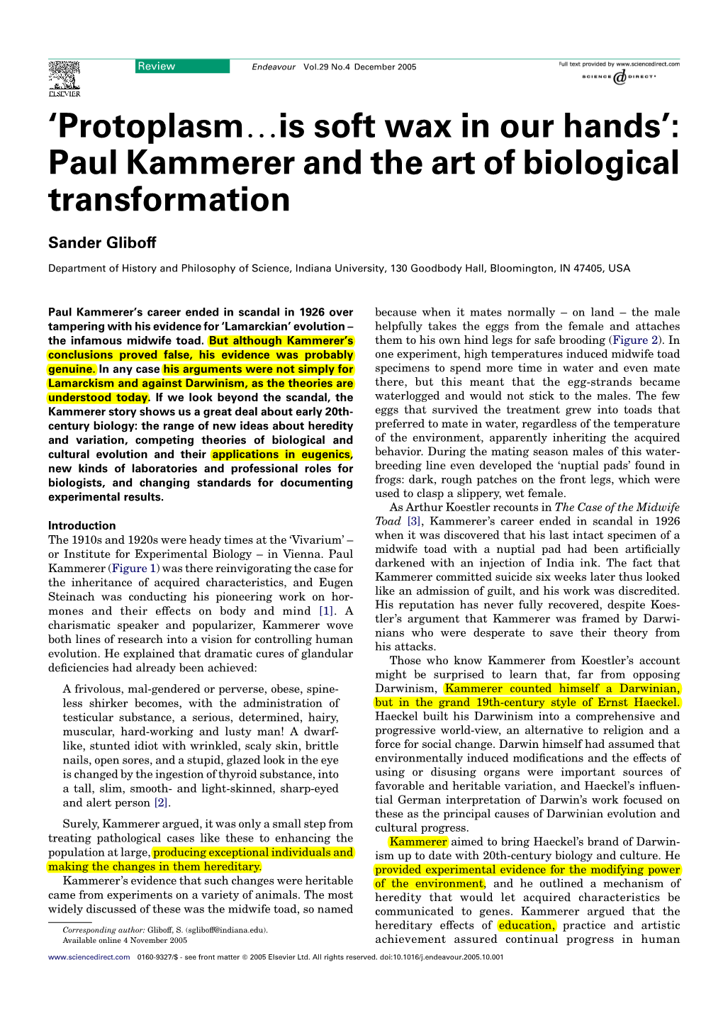 'Protoplasm.Is Soft Wax in Our Hands': Paul Kammerer and the Art of Biological Transformation