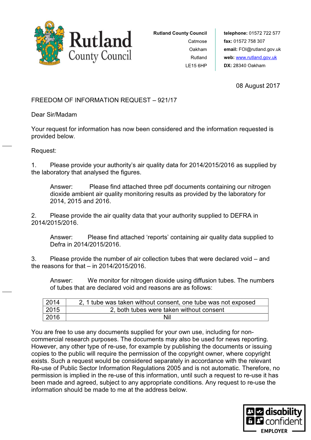 08 August 2017 FREEDOM of INFORMATION REQUEST – 921/17