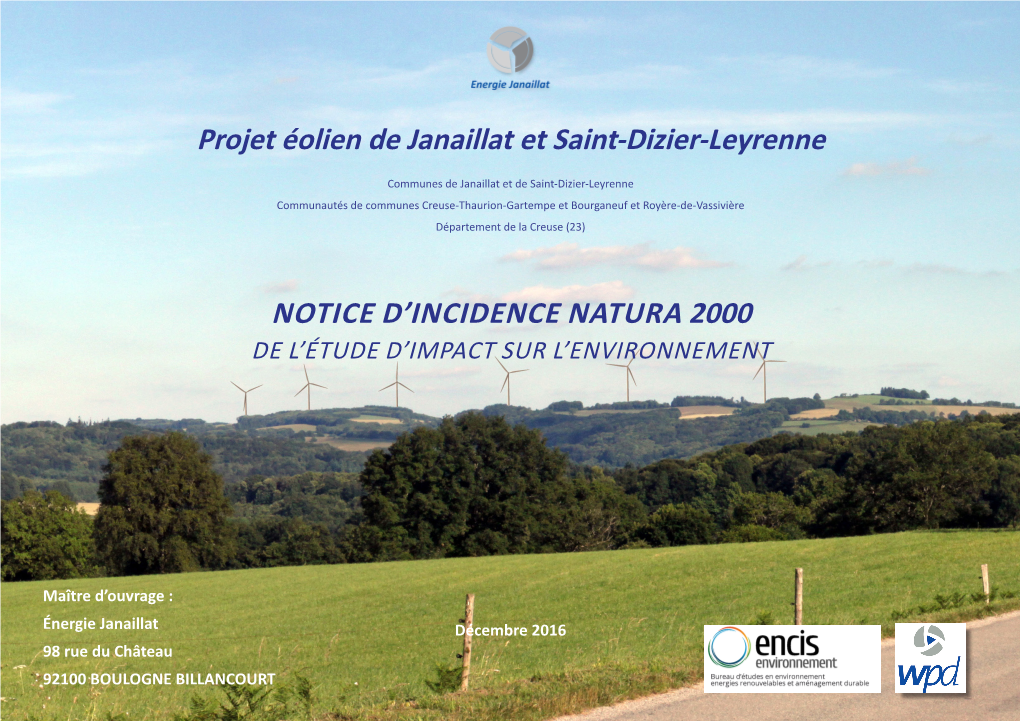 Projet Éolien De Janaillat Et Saint-Dizier-Leyrenne NOTICE D