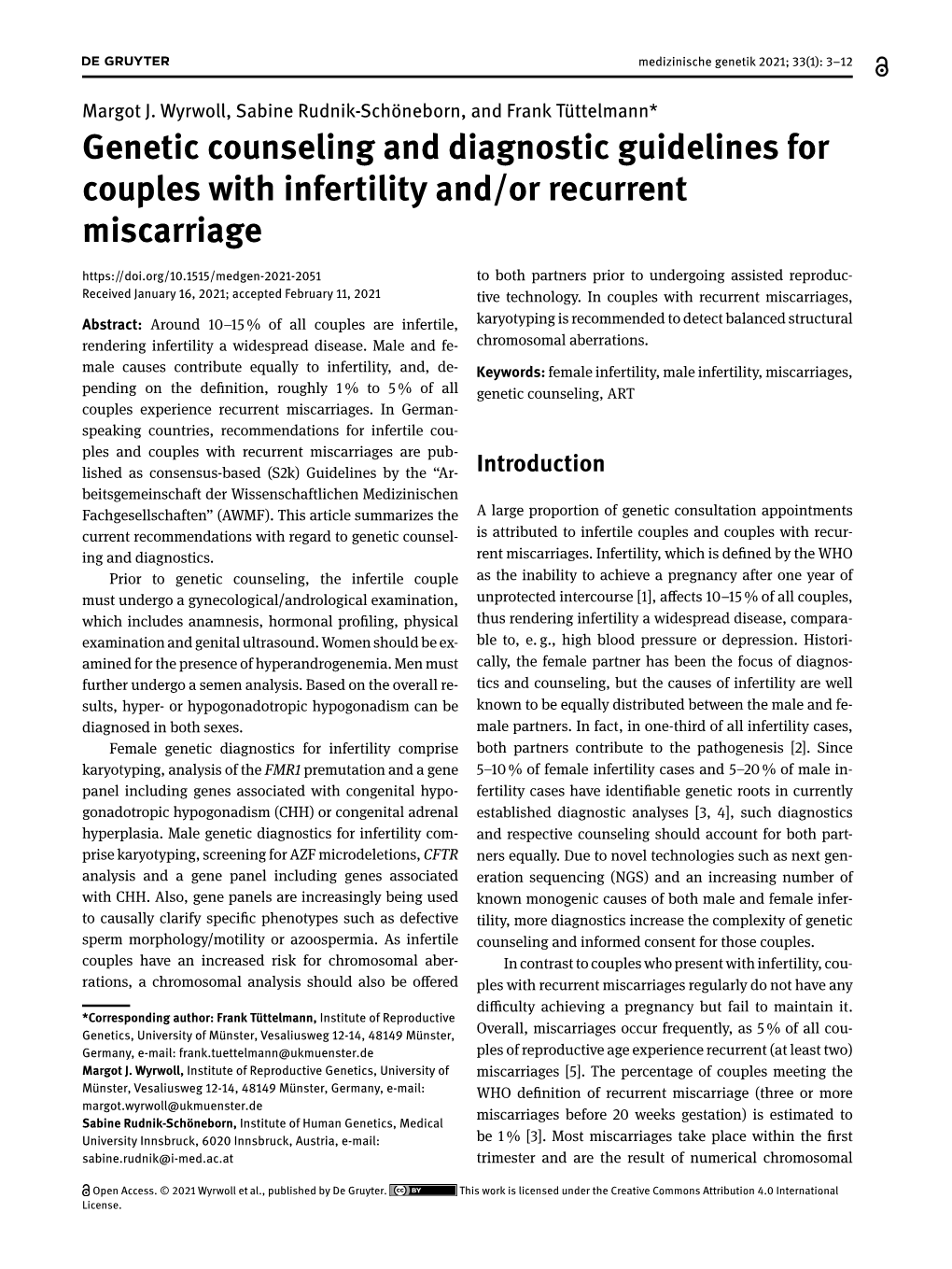 Genetic Counseling and Diagnostic Guidelines for Couples with Infertility And/Or Recurrent Miscarriage